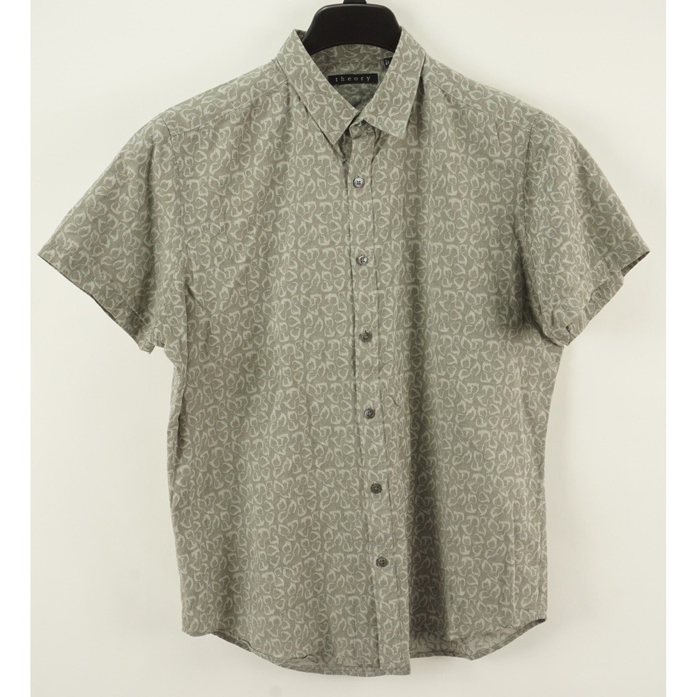 Theory Zack Dalhart Floral Twill Button Up Shirt Men's‎ Large Short Sleeve Beige